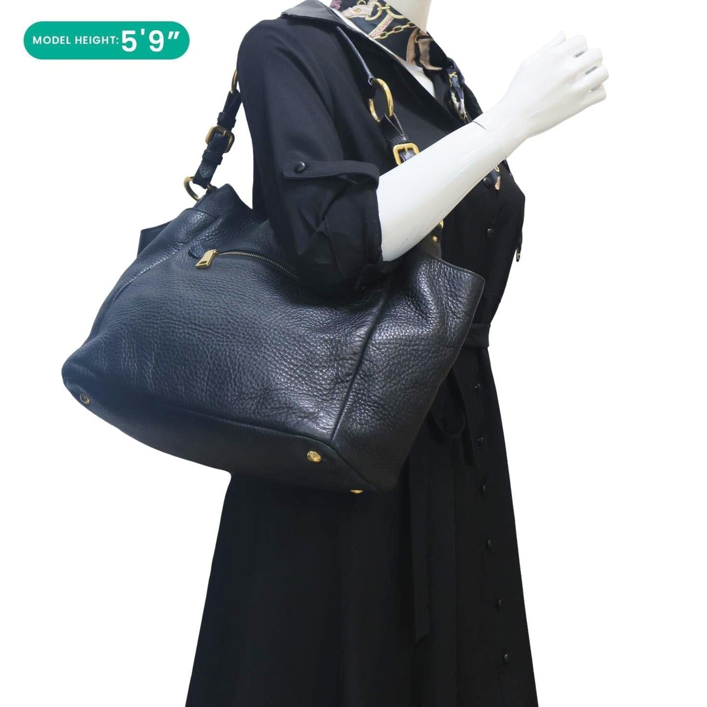 PRADA Vitello Daino Front Zip Leather Hobo Bag Black