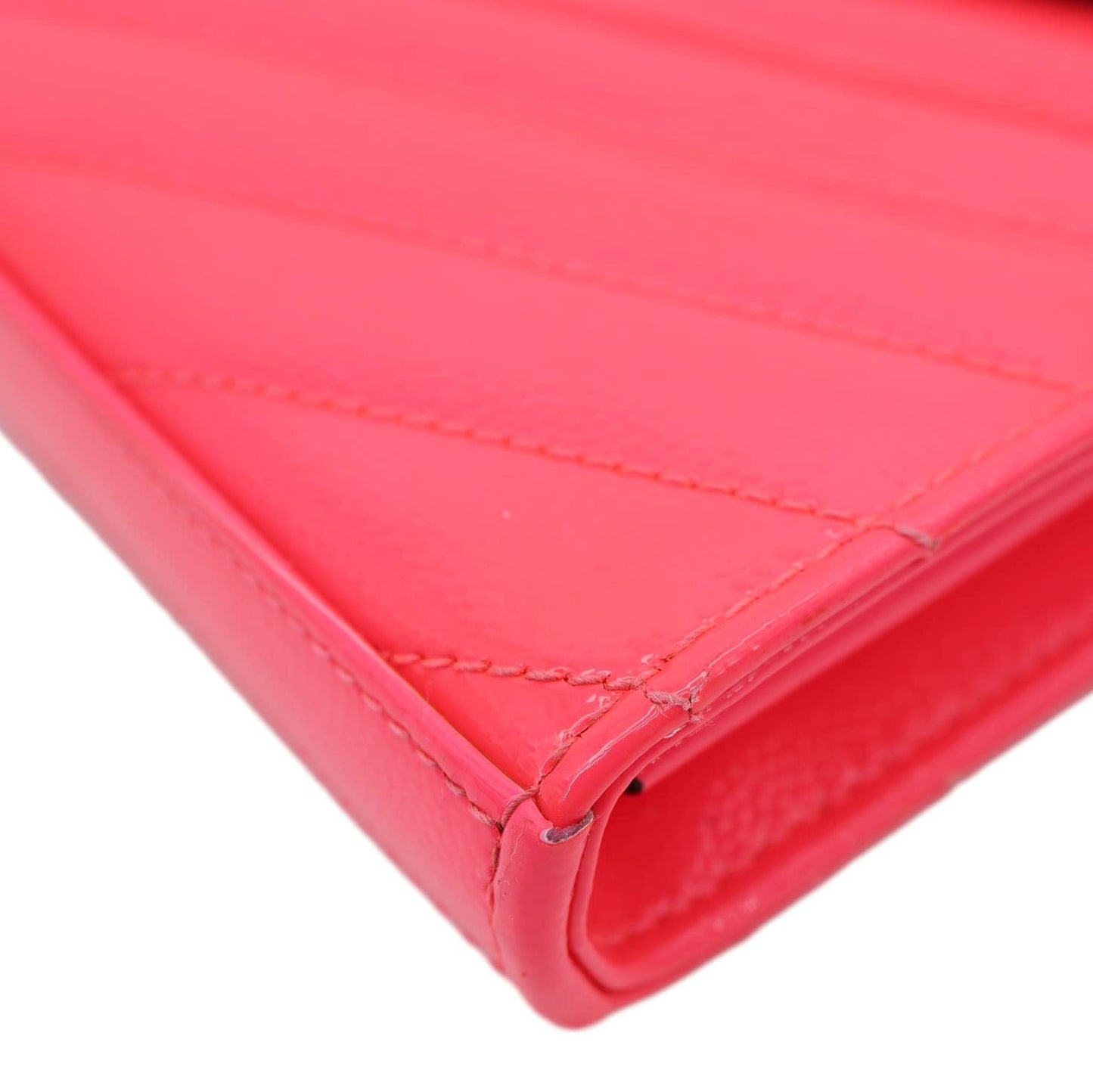 YVES SAINT LAURENT Monogram Grain De Poudre Chevron Leather Wallet On Chain Neon Pink