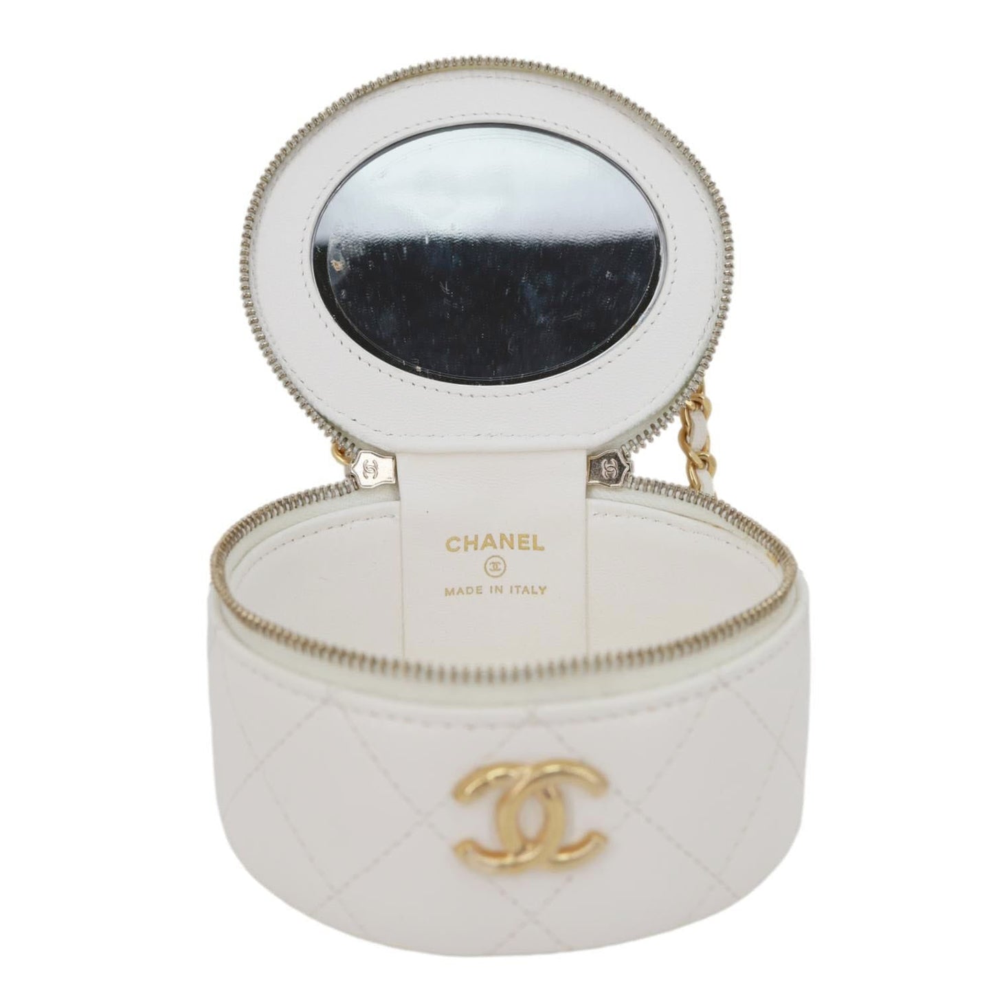 CHANEL Pearly Girl Round Quilted Lambskin Leather Top Handle Vanity Case With Chain White