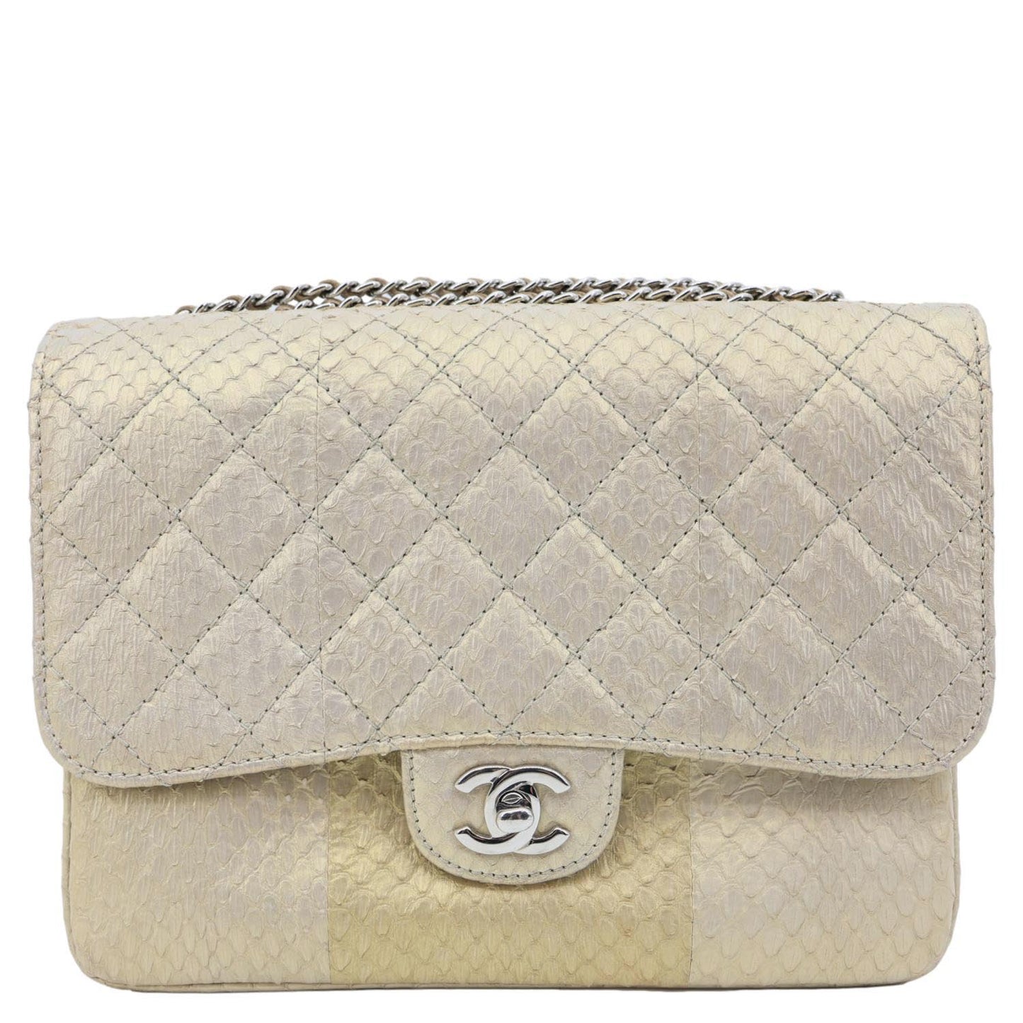 CHANEL Timeless Classic Flap Quilted Python Leather Shoulder Bag Gold