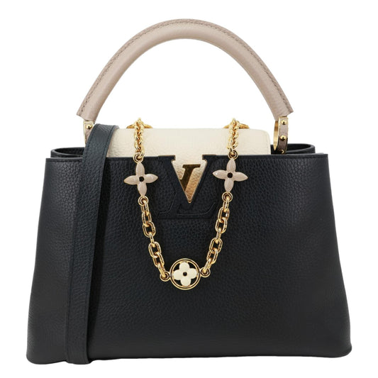 LOUIS VUITTON Capucine MM Monogram Flowers Taurillon Leather Chain Crossbody Bag Black