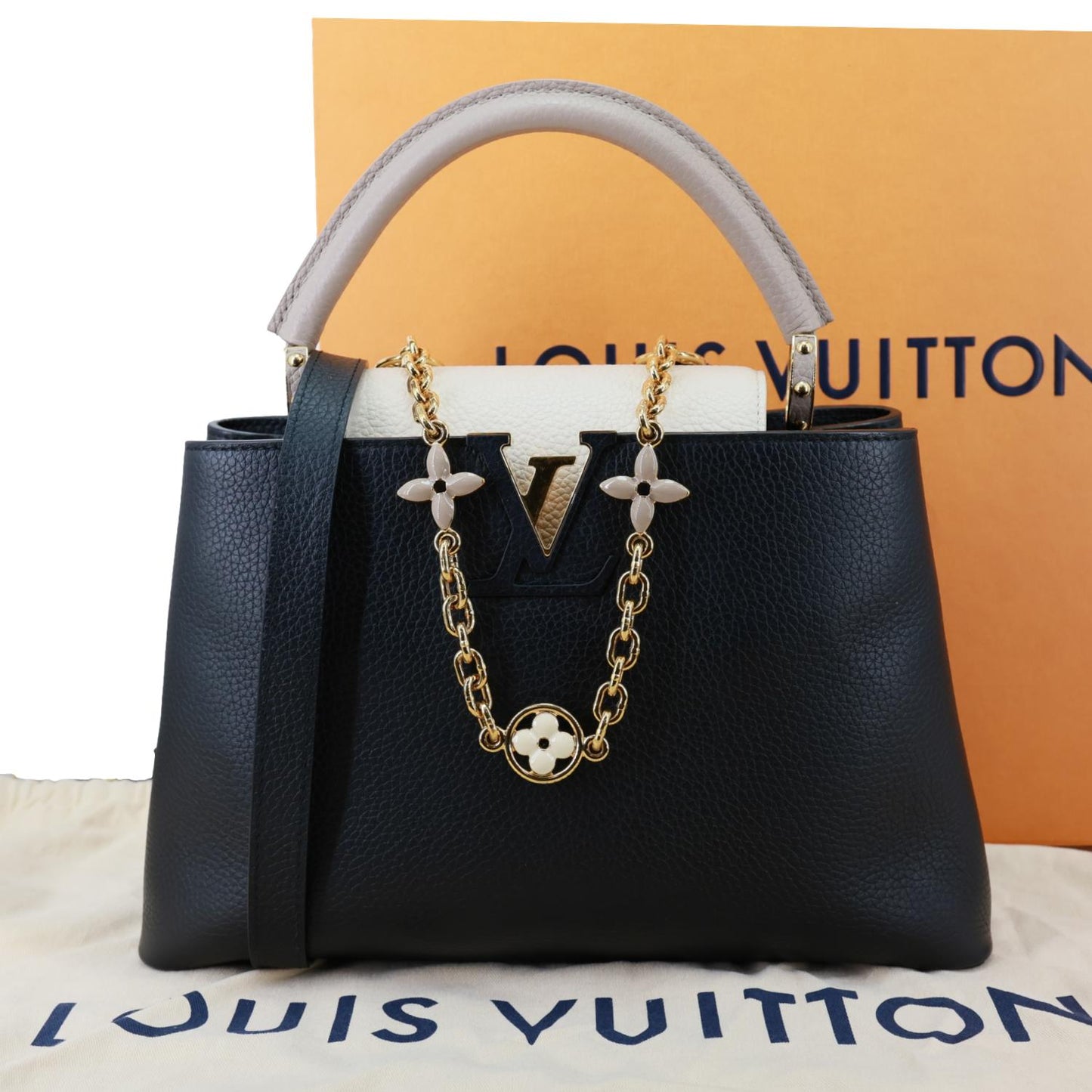 LOUIS VUITTON Capucine MM Monogram Flowers Taurillon Leather Chain Crossbody Bag Black