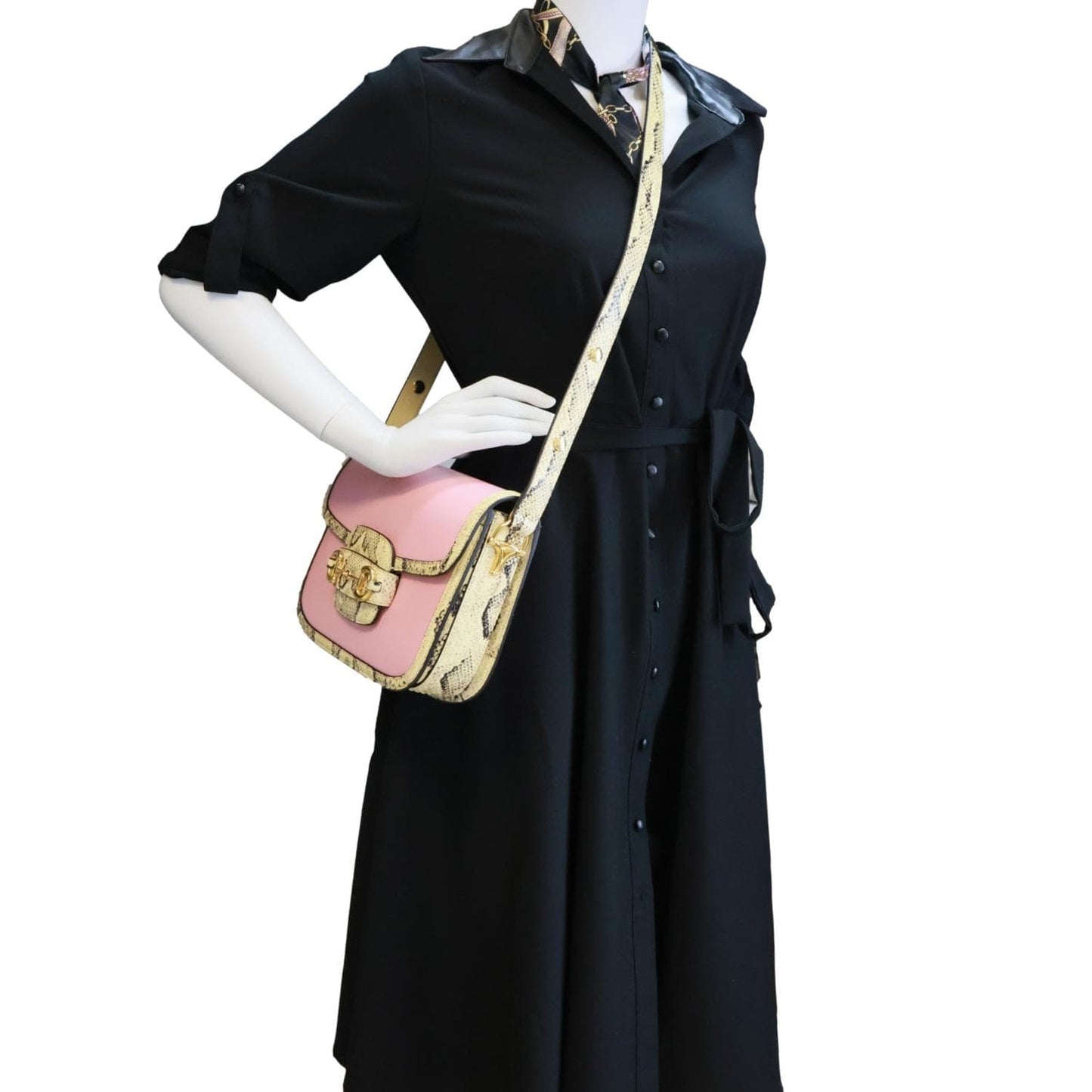 GUCCI Horsebit 1955 Mini Snakeskin Shoulder Bag Pink 602204