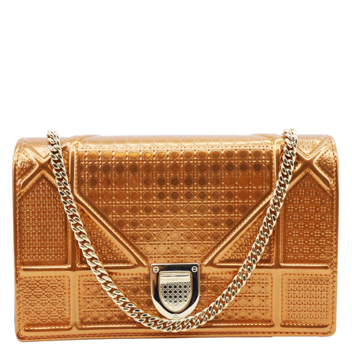 CHRISTIAN DIOR Diorama Micro-Cannage Patent Leather Wallet on Chain Orange