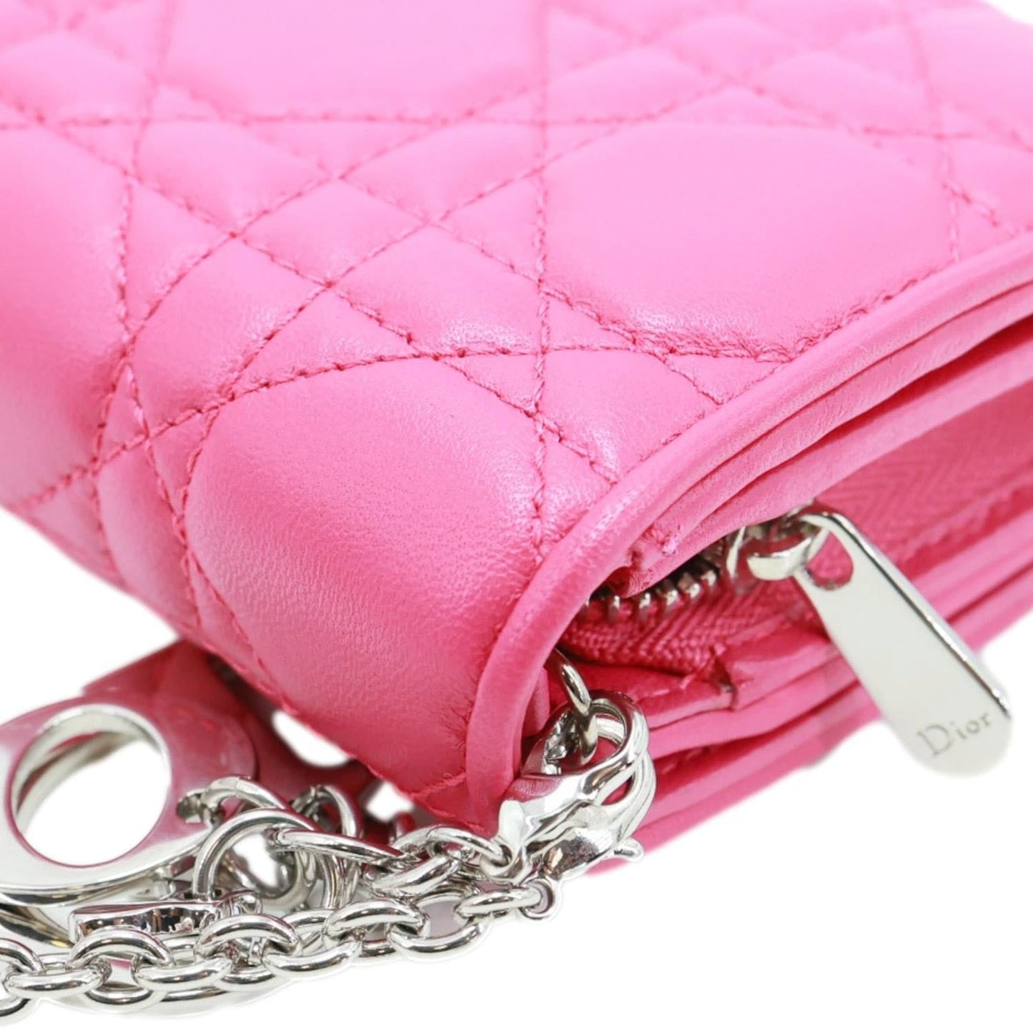 CHRISTIAN DIOR Lady Dior Quilted Cannage Leather Wallet On Chain Pink