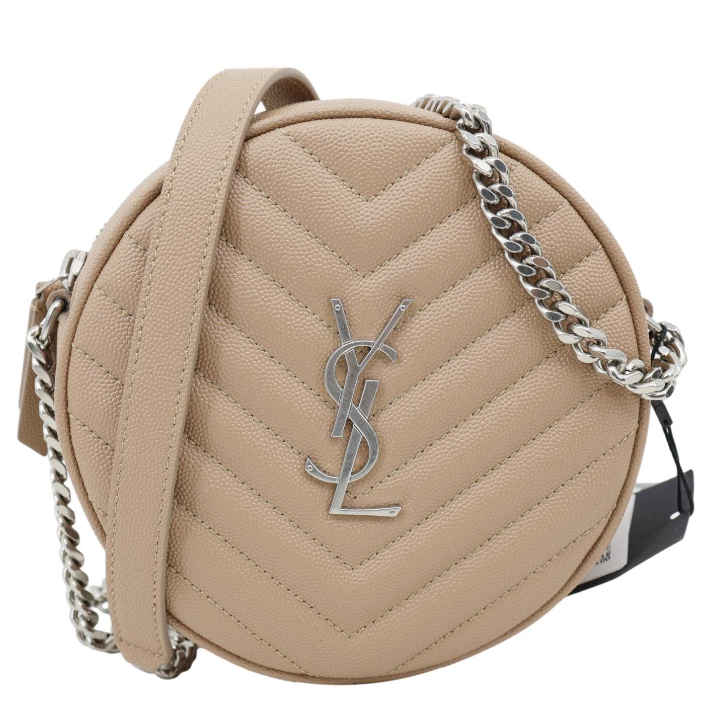 YVES SAINT LAURENT Vinyle Round Chevron Leather Camera Crossbody Bag Beige
