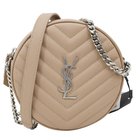 YVES SAINT LAURENT Vinyle Round Chevron Leather Camera Crossbody Bag Beige