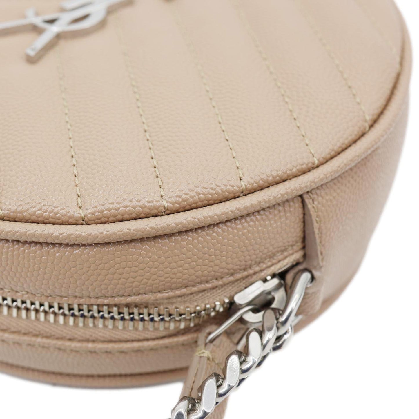 YVES SAINT LAURENT Vinyle Round Chevron Leather Camera Crossbody Bag Beige