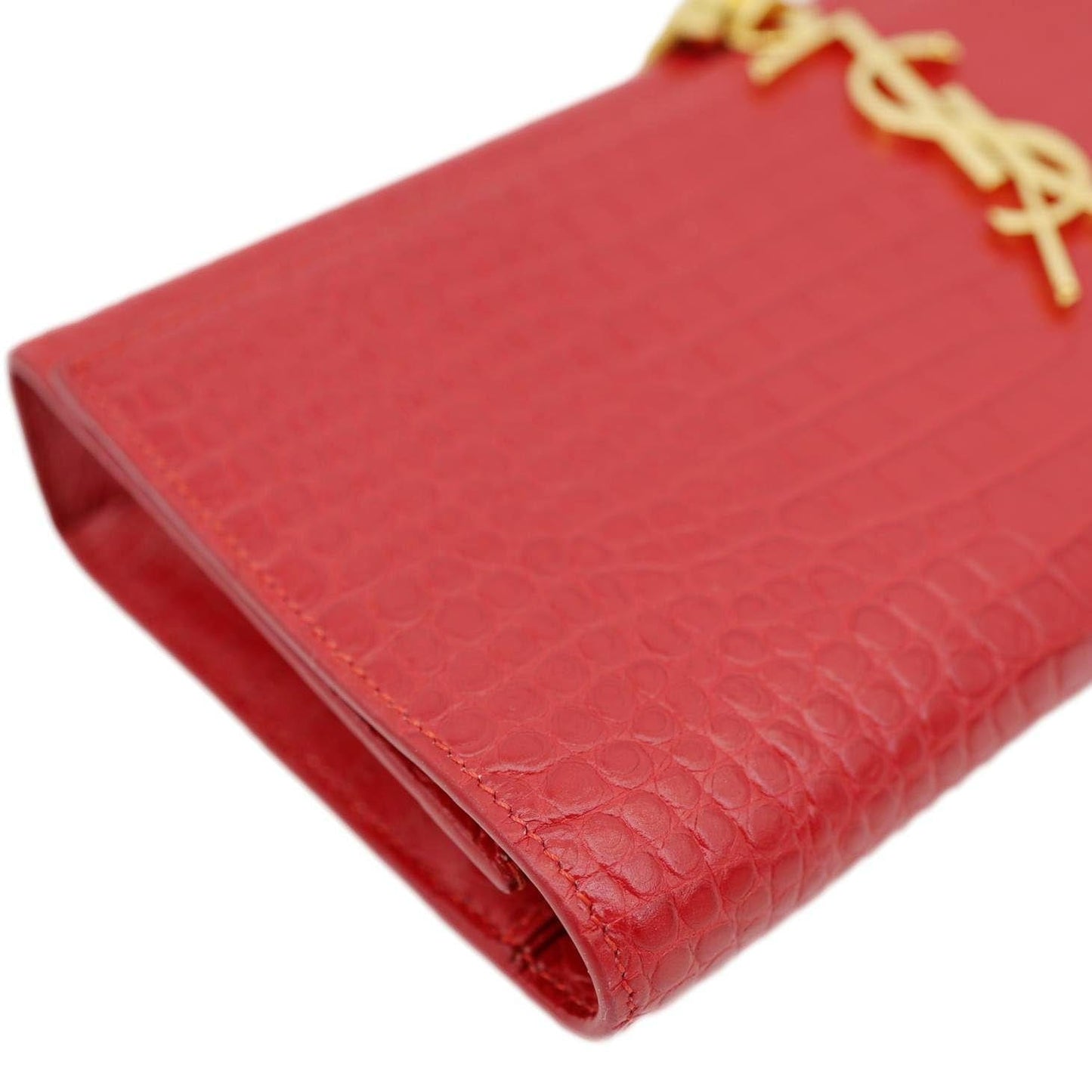 YVES SAINT LAURENT Kate Tassel Crocodile Embossed Leather Wallet Red