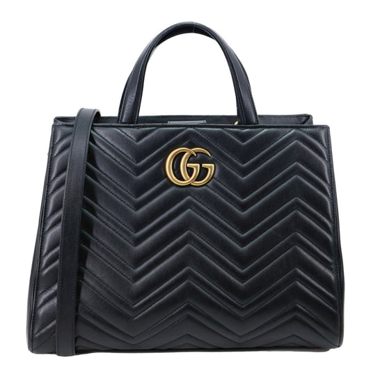 GUCCI GG Marmont Medium Calfskin Matelasser Leather Tote Shoulder Bag Black 443505
