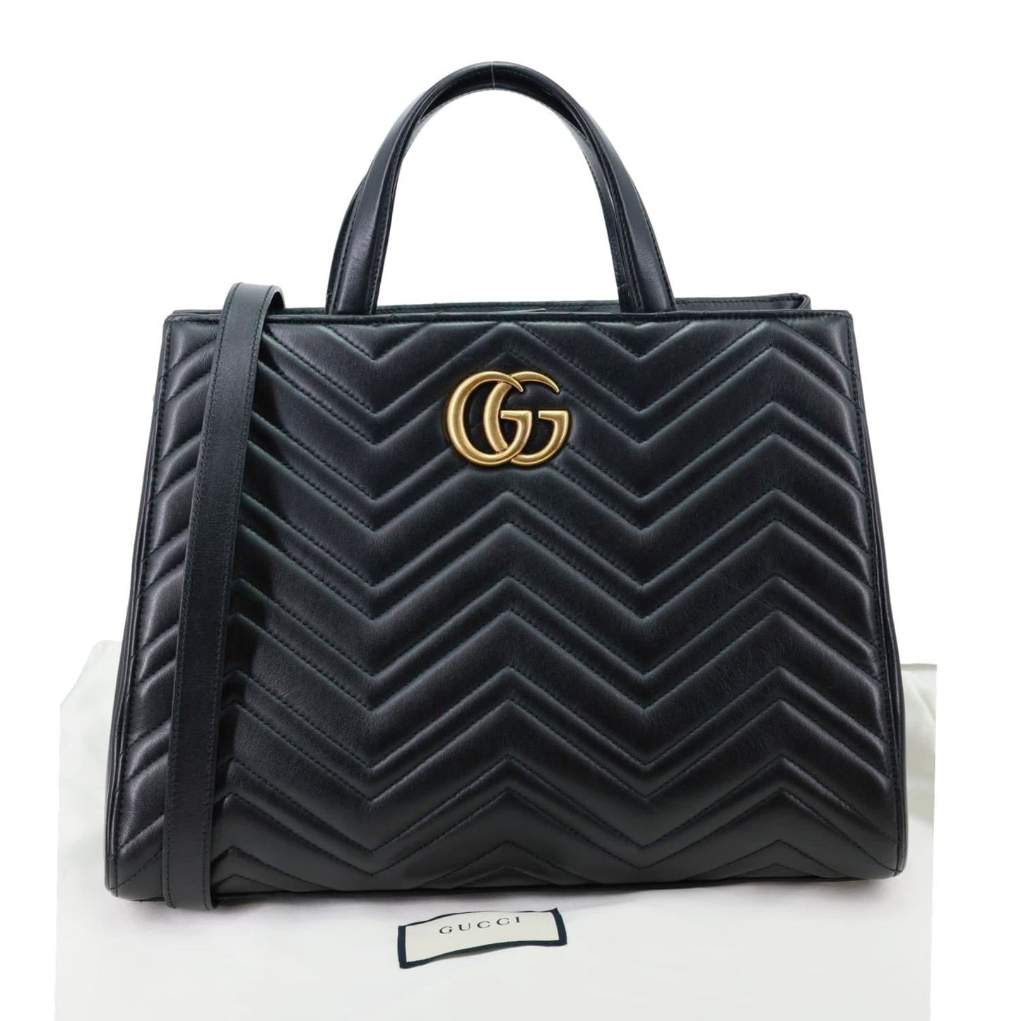 GUCCI GG Marmont Medium Calfskin Matelasser Leather Tote Shoulder Bag Black 443505
