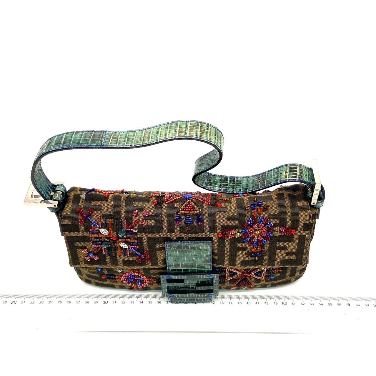 Fendi Baguette Zucca Monogram with Beaded Floral Embroidery