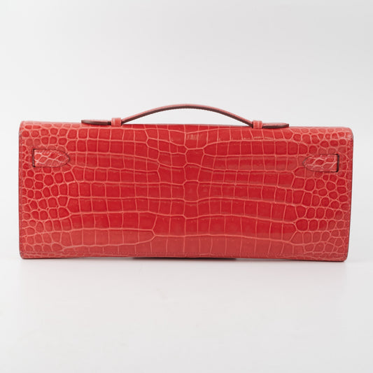 Hermes Kelly Cut Exotic Crocodile Poporus Red Croc Clutch - T stamp