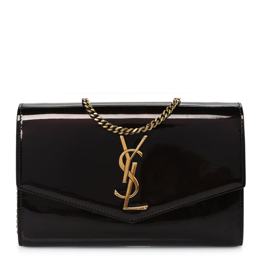 Saint Laurent Patent Uptown Chain Wallet Nut Brown