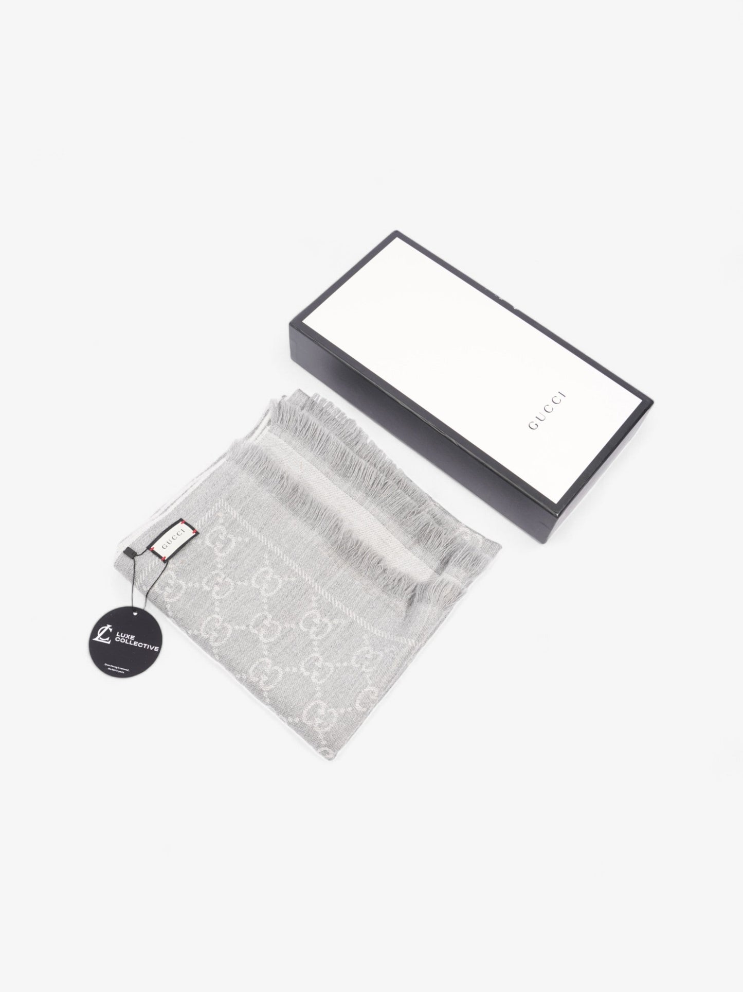 Gucci GG Jacquard Scarf Grey Wool 48 x 180cm