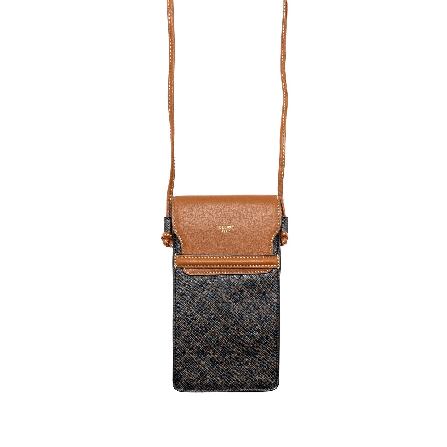 Luxury CELINE Phone Pouch with Flap Triomphe Canvas /Lambskin Tan