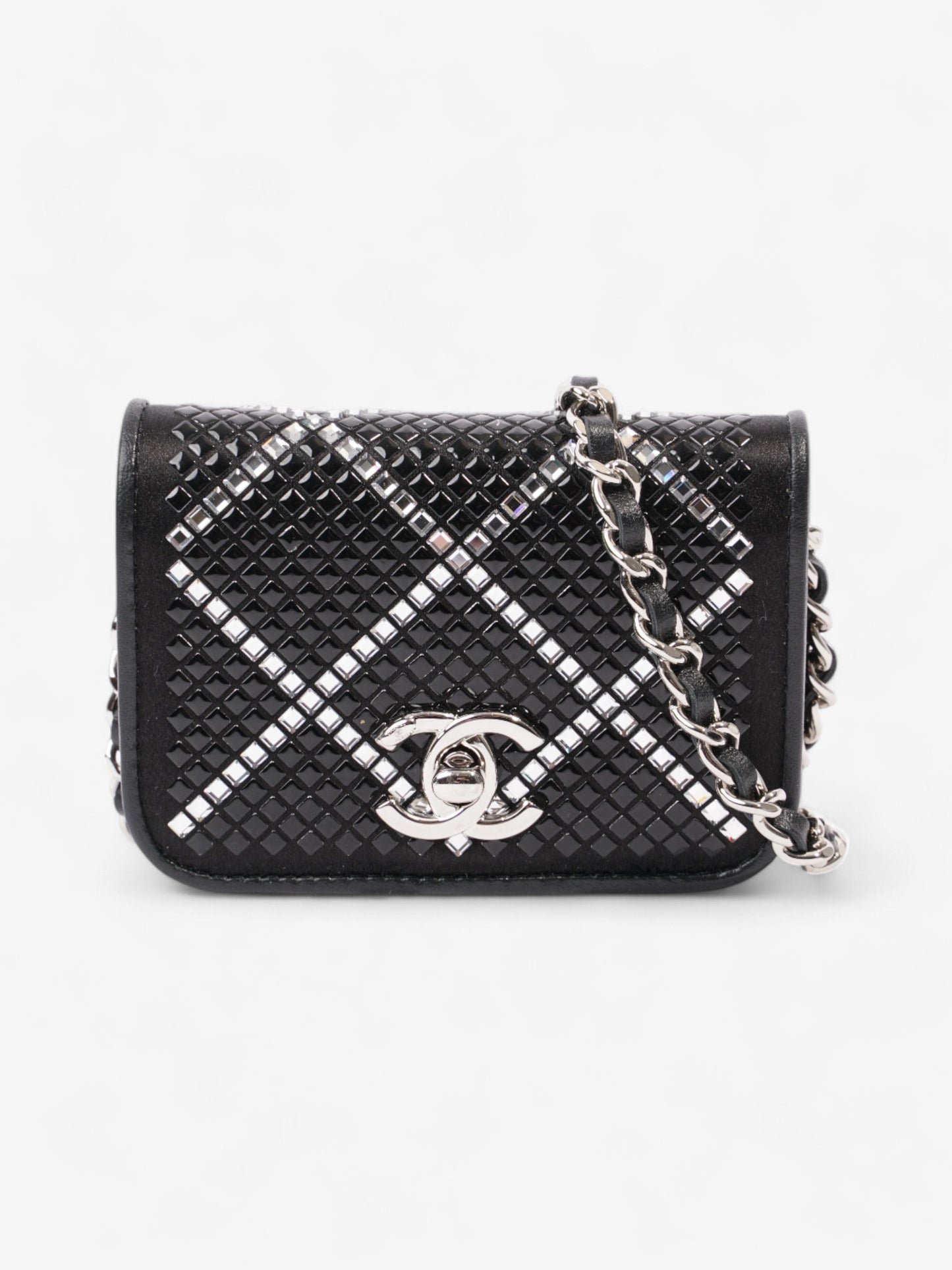 Chanel CC Flap Card Holder on Chain Embellished Black / White Leather Mini