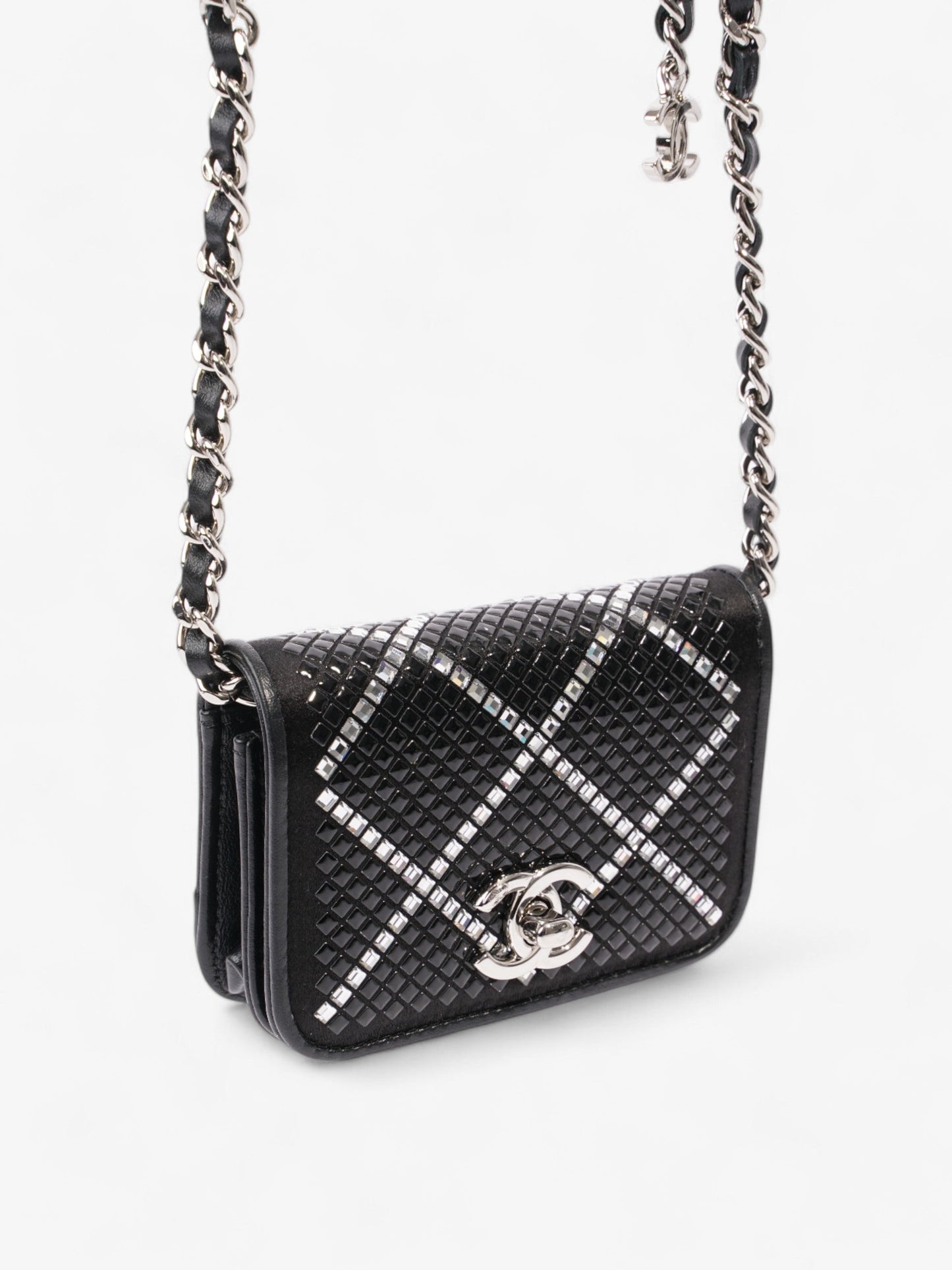 Chanel CC Flap Card Holder on Chain Embellished Black / White Leather Mini
