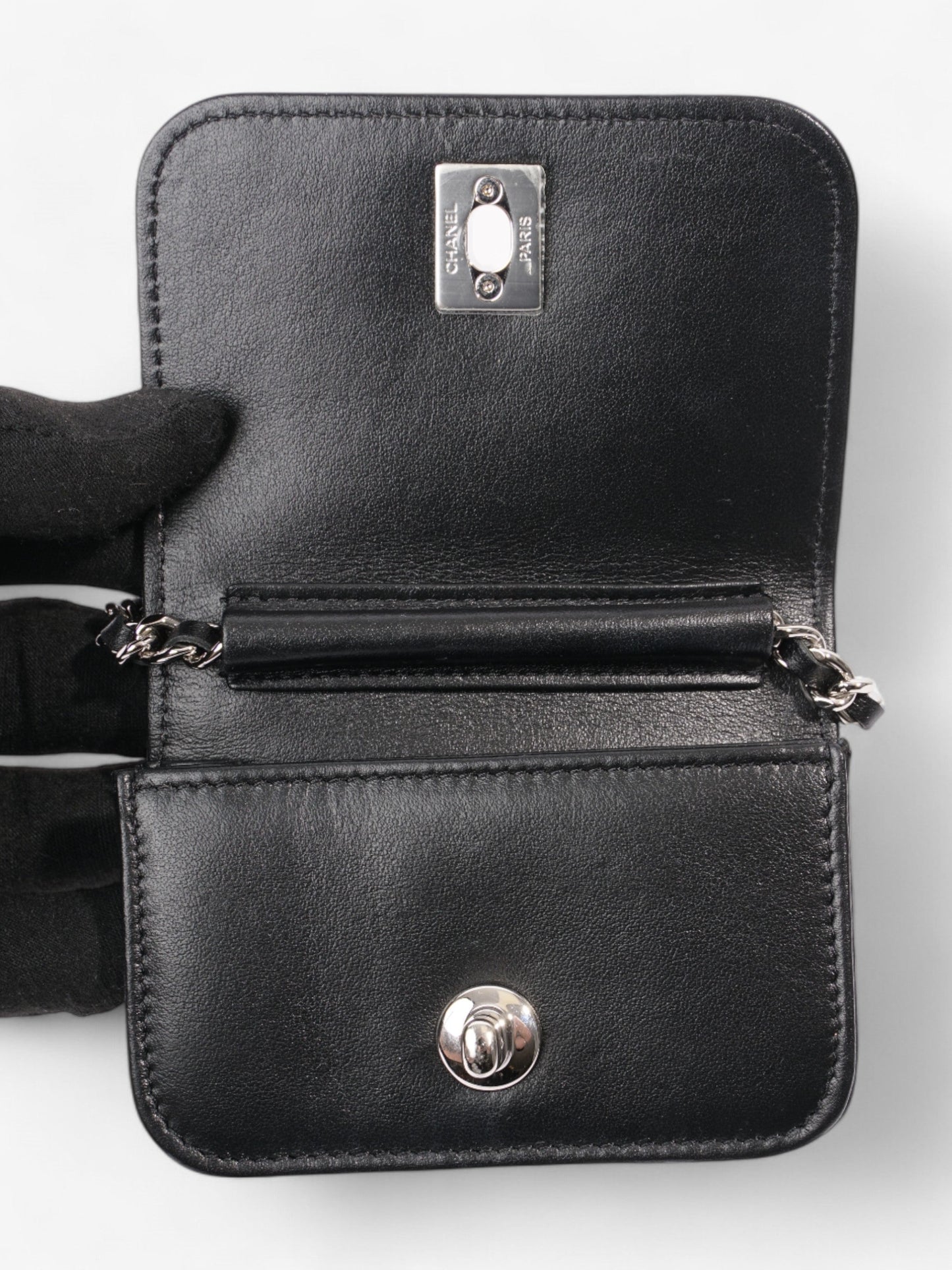 Chanel CC Flap Card Holder on Chain Embellished Black / White Leather Mini