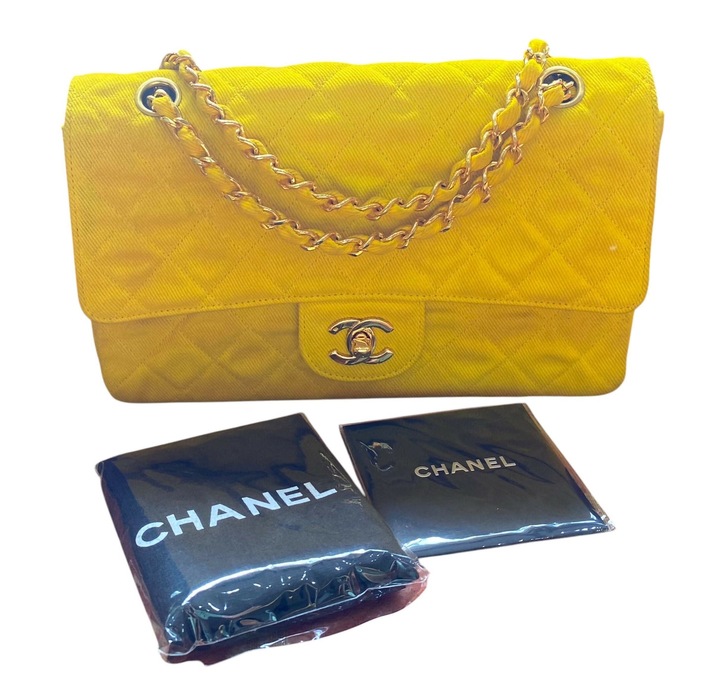 Chanel 90s Yellow Denim Medium Classic Flap Bag 24K Gold Hardware