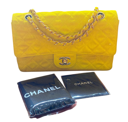 Chanel 90s Yellow Denim Medium Classic Flap Bag 24K Gold Hardware