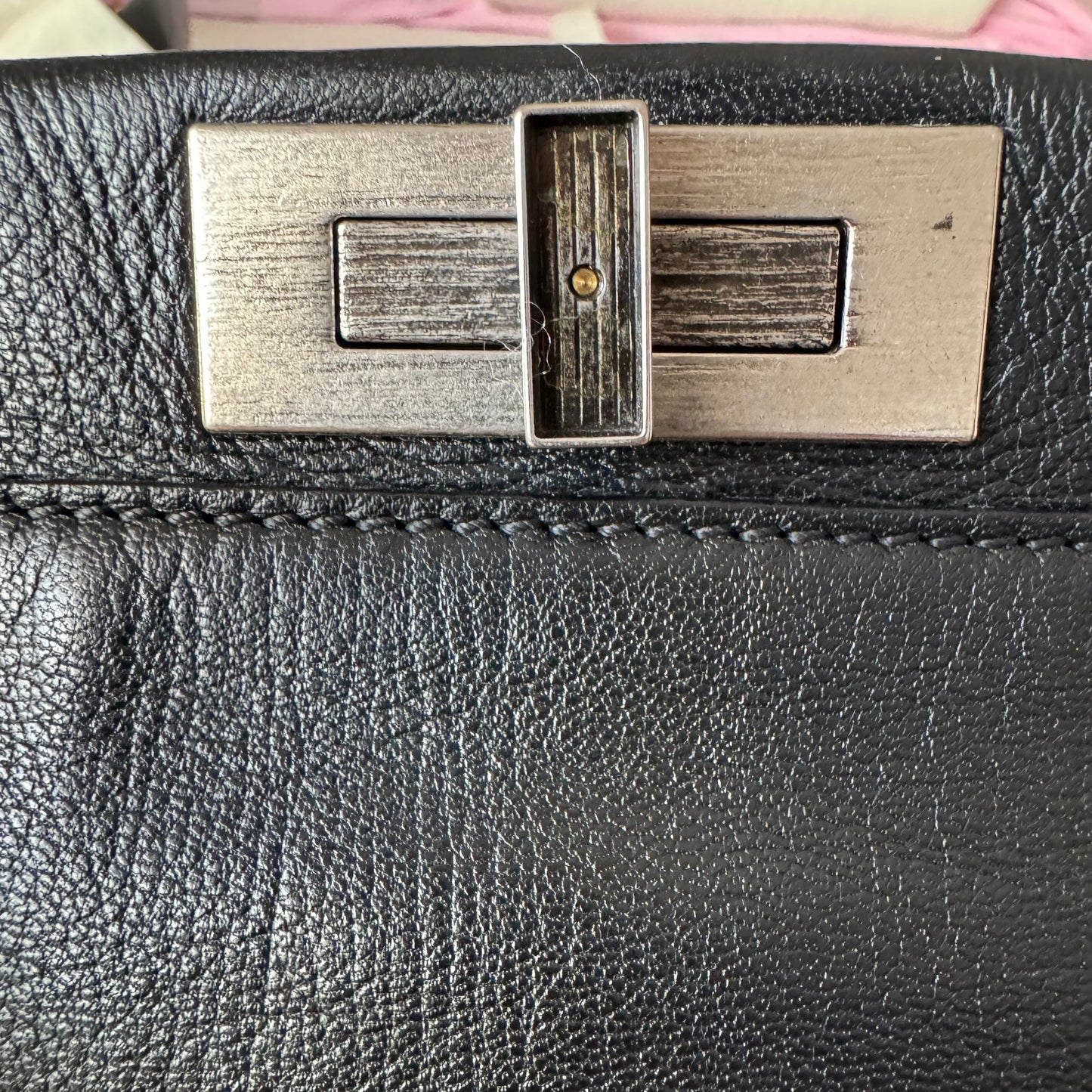 Fendi Peekaboo Large Black Calfskin Leather Glitter Beaded Zucca Interior