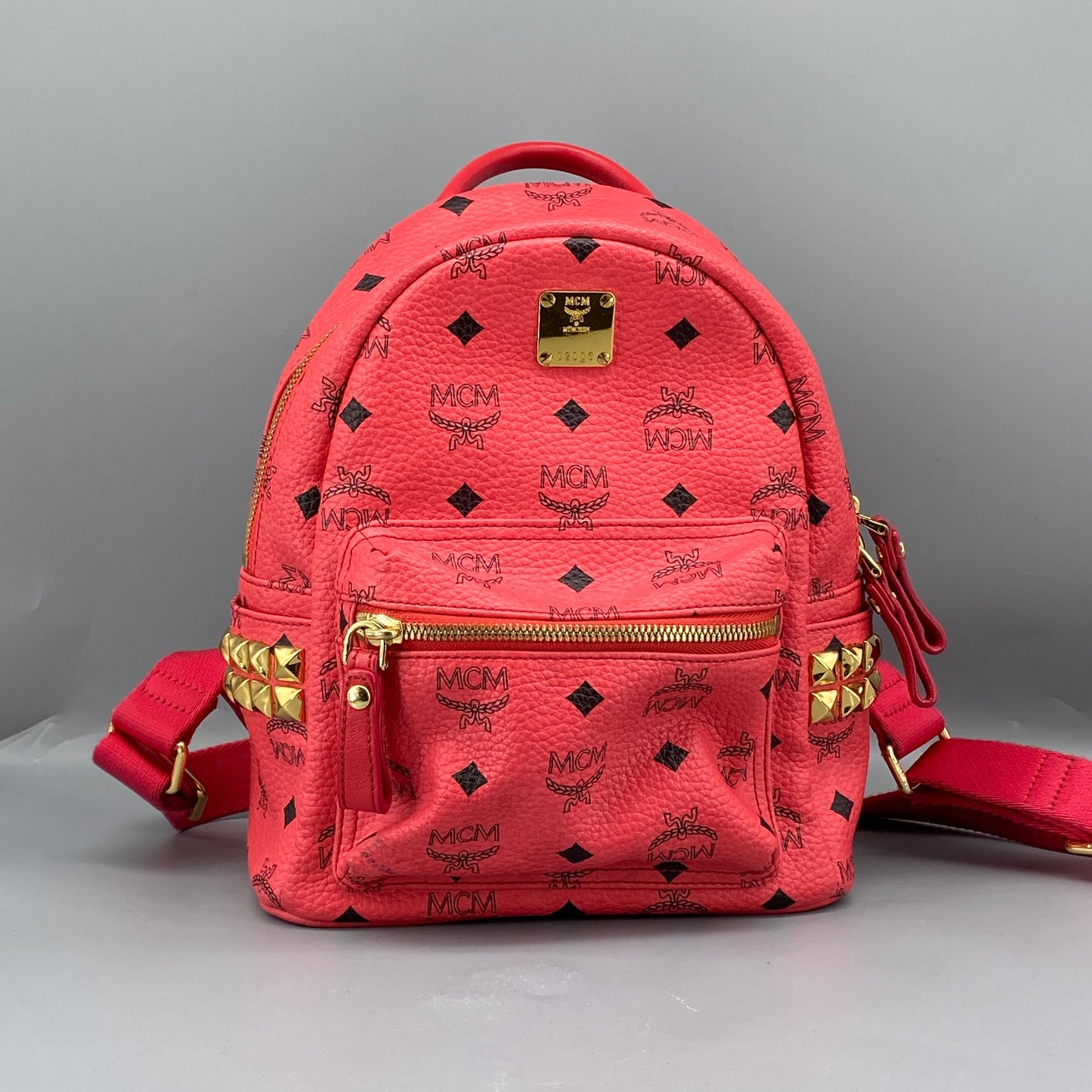 MCM Coral Red Visetos Mini Backpack