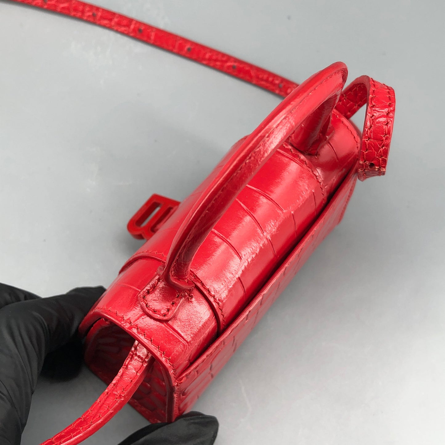 Balenciaga Red Croc Embossed Nano Hourglass Top Handle Bag