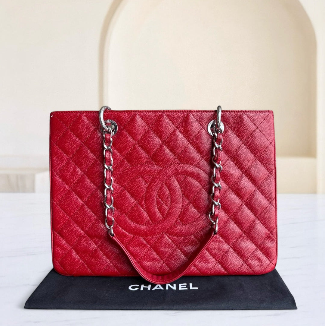 Chanel GST Grand Shopping Tote - Caviar Quilted Grained Calfskin Red Silver Hardware Series 17