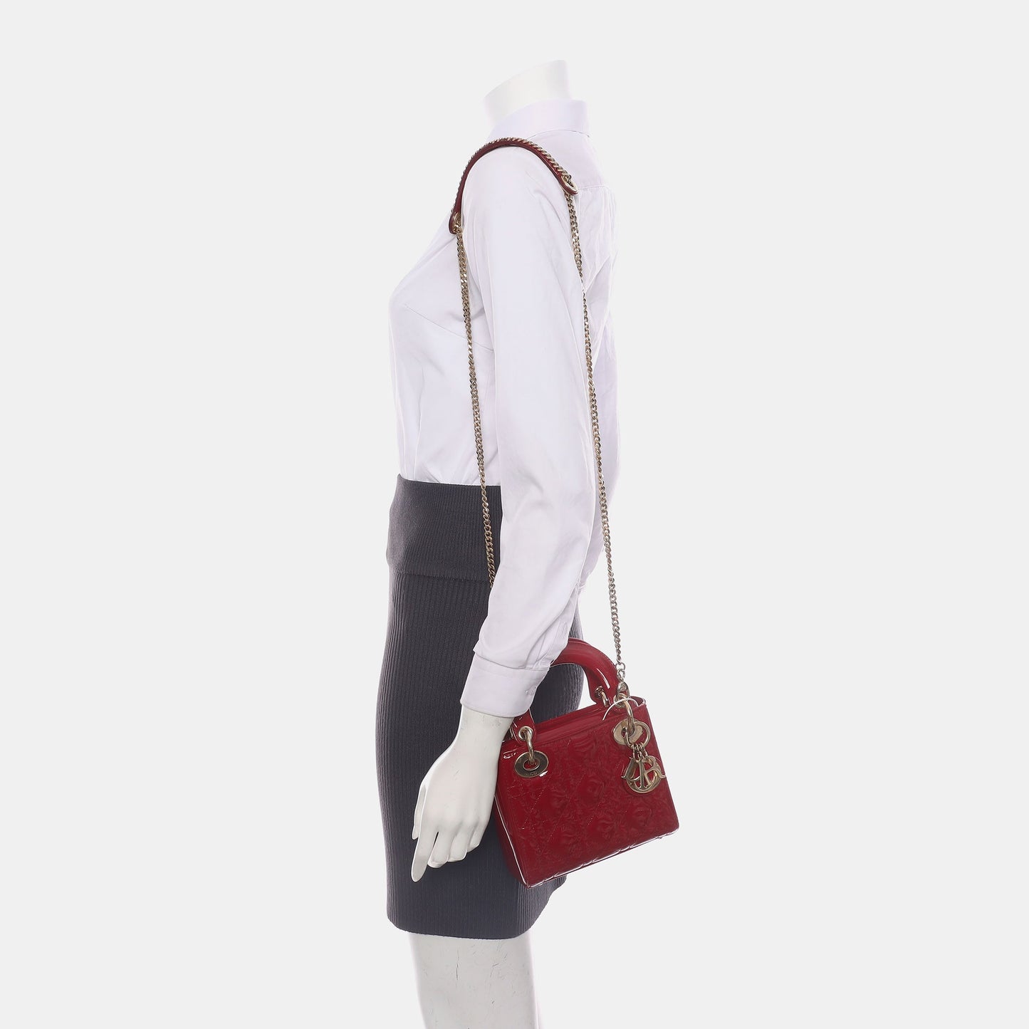 Lady Dior Mini Handbag Burgundy Red Patent Leather Gold-tone Chain Strap