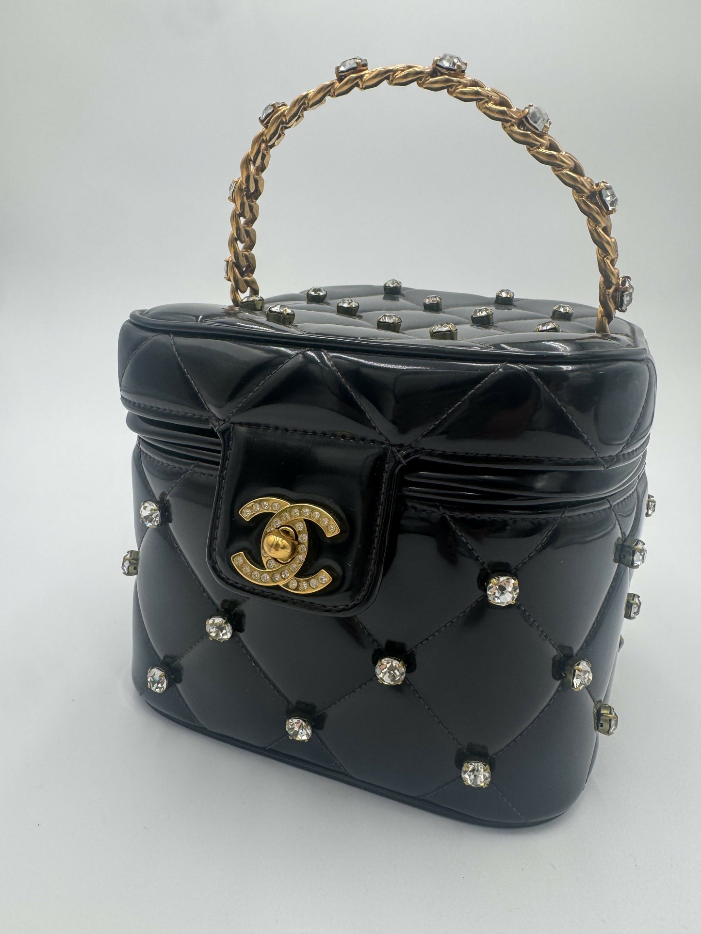 Chanel 1995  Barbie Black Rhinestone Heart-Mirror Vanity Case Bag