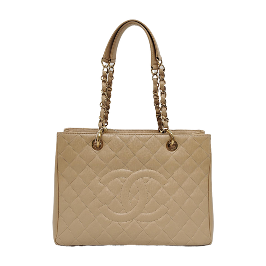 Chanel GST Grand Shopping Tote Beige Caviar Leather GM Gold Hardware