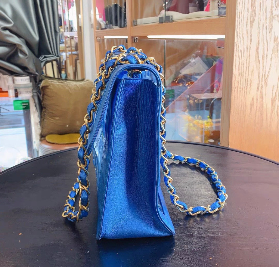 CHANEL 95P  "BARBIE" MAXI FLAP METALLIC BLUE BAG 24K GHW CLASSIC PCI