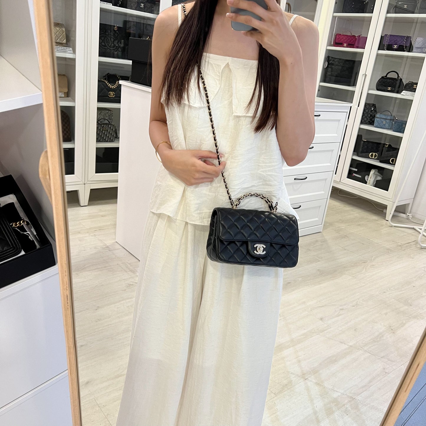 Chanel 23A Mini Rectangle Flap with Crystals Top Handle in Black Lambskin and LGHW (Model: AS4141) Handbag