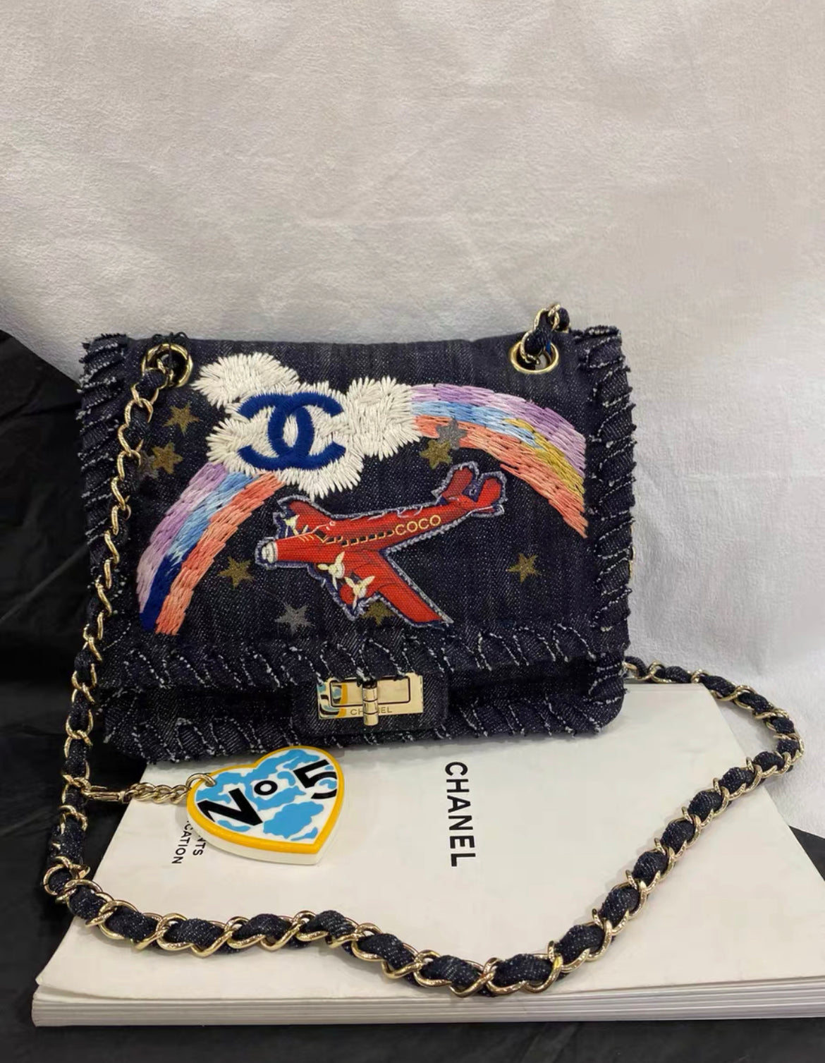CHANEL 2006  NIGHT FLIGHT DENIM REISSUE AIRPLANE RAINBOW BAG 24K GHW