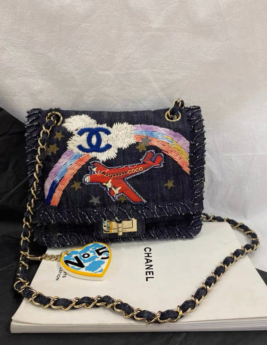 CHANEL 2006  NIGHT FLIGHT DENIM REISSUE AIRPLANE RAINBOW BAG 24K GHW