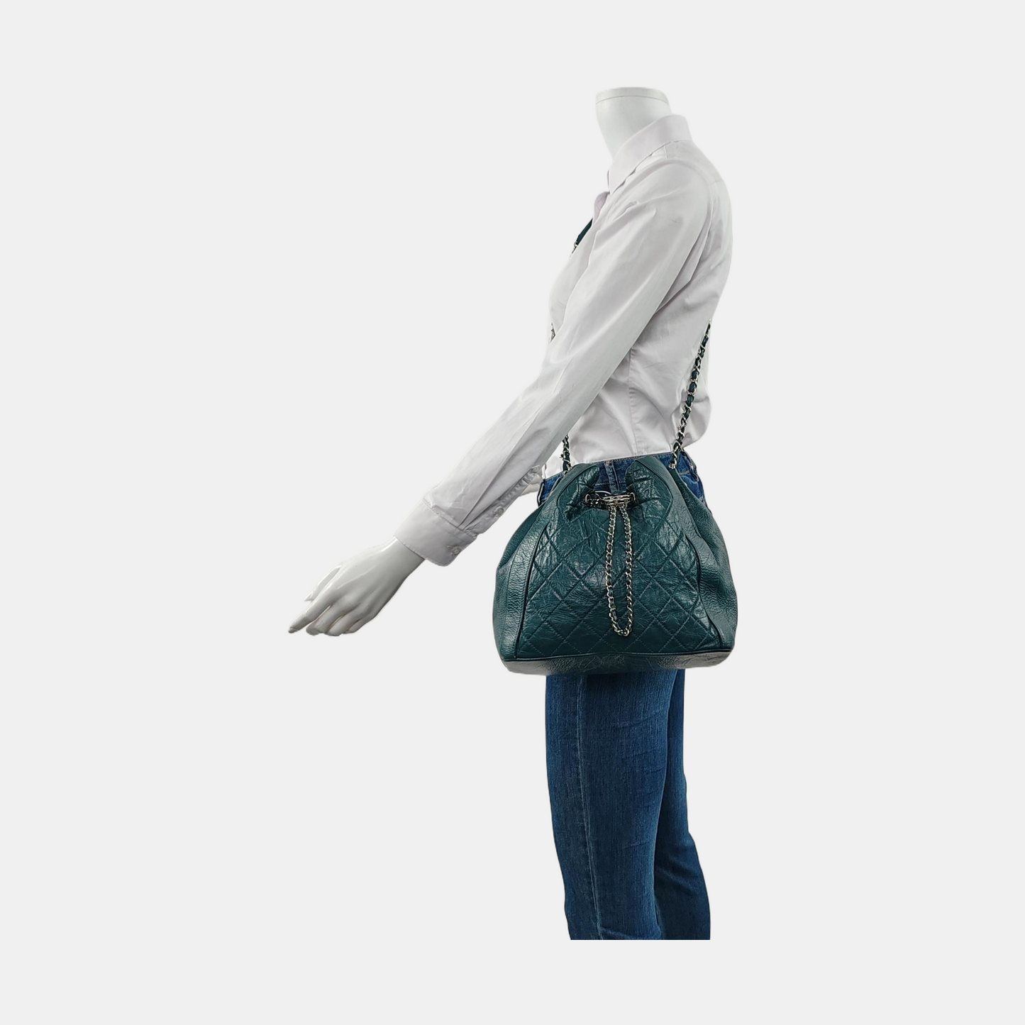 Chanel Gabrielle Drawstring Bucket Bag Medium Dark Green Calfskin Leather Silver Hardware