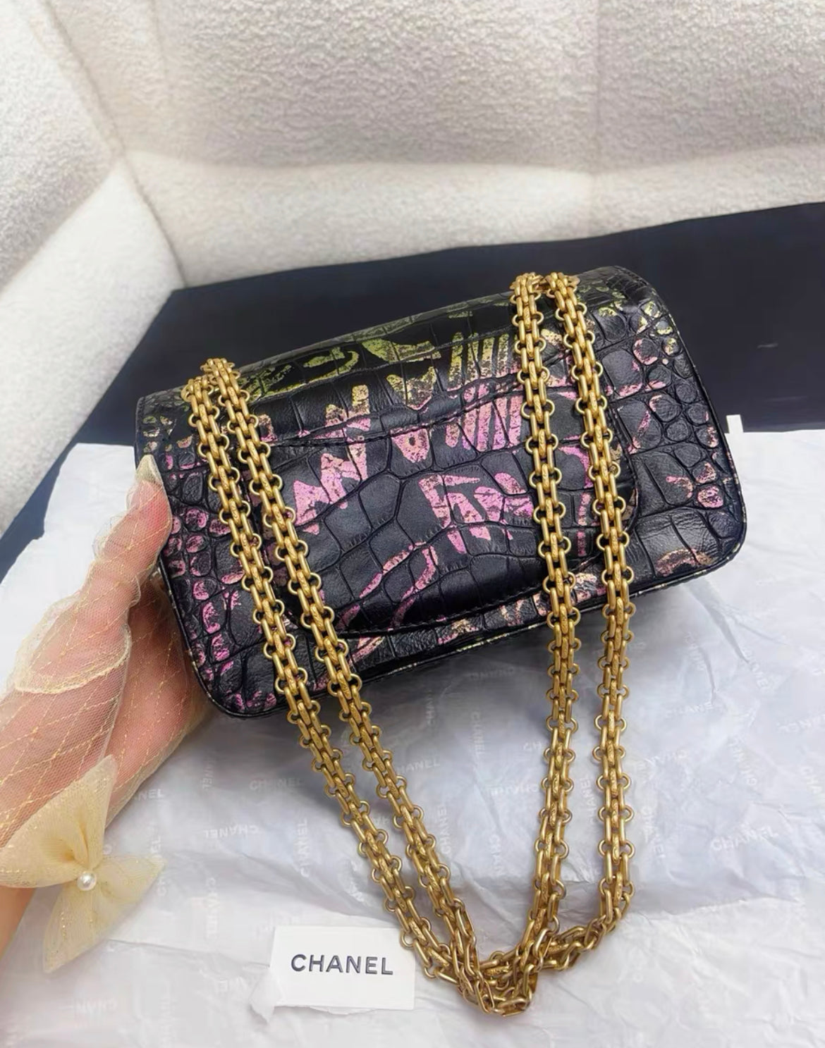 CHANEL 19A IRIDESCENT PINK, GREEN AND GOLD GRAFFITI PRINT BLACK CROCODILE 2.55 MINI CLASSIC FLAP BAG