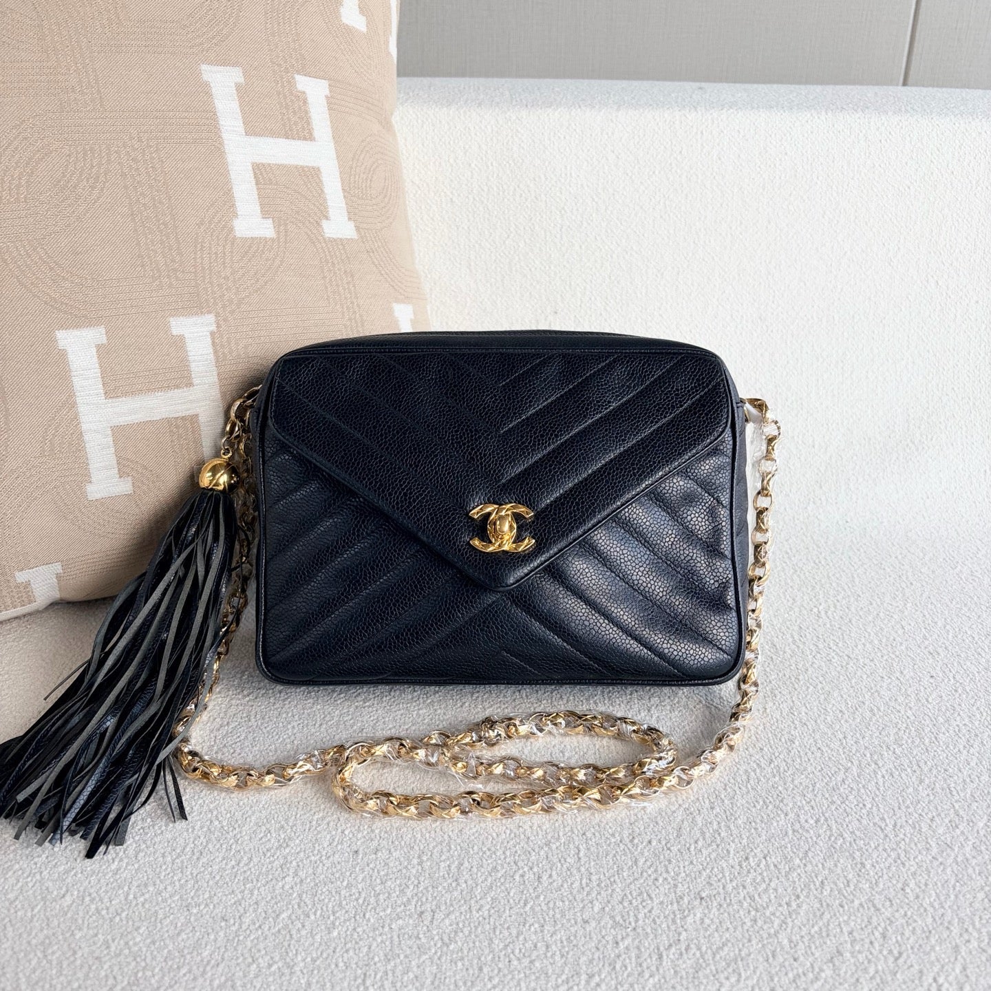 Chanel Caviar Chevron Quilted Tassel Camera Case