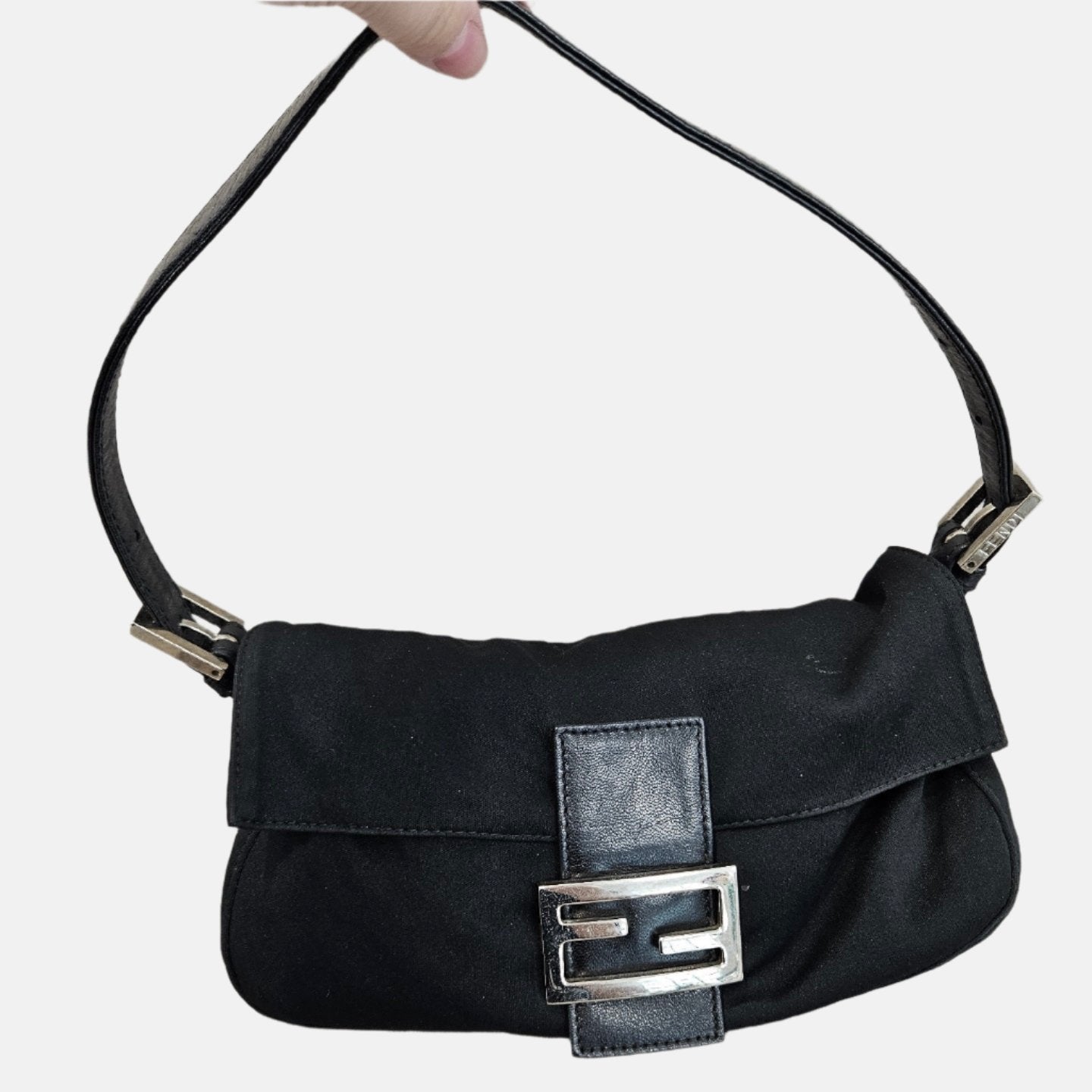FENDI Baguette Vintage Black Cloth Silver Hardware Shoulder Bag
