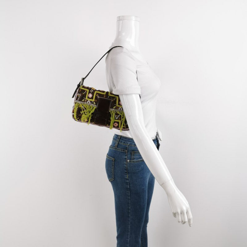 Fendi Baguette Vintage Brown Canvas with embroidery sequins mirrors and tassels