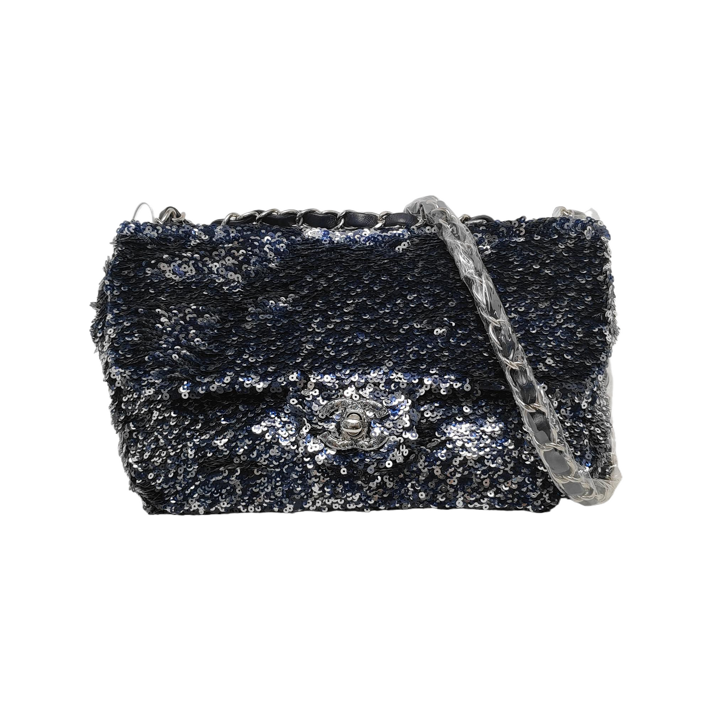 Chanel Paillette Flap Bag Rectangular Mini Glitter Sequins Navy and Silver