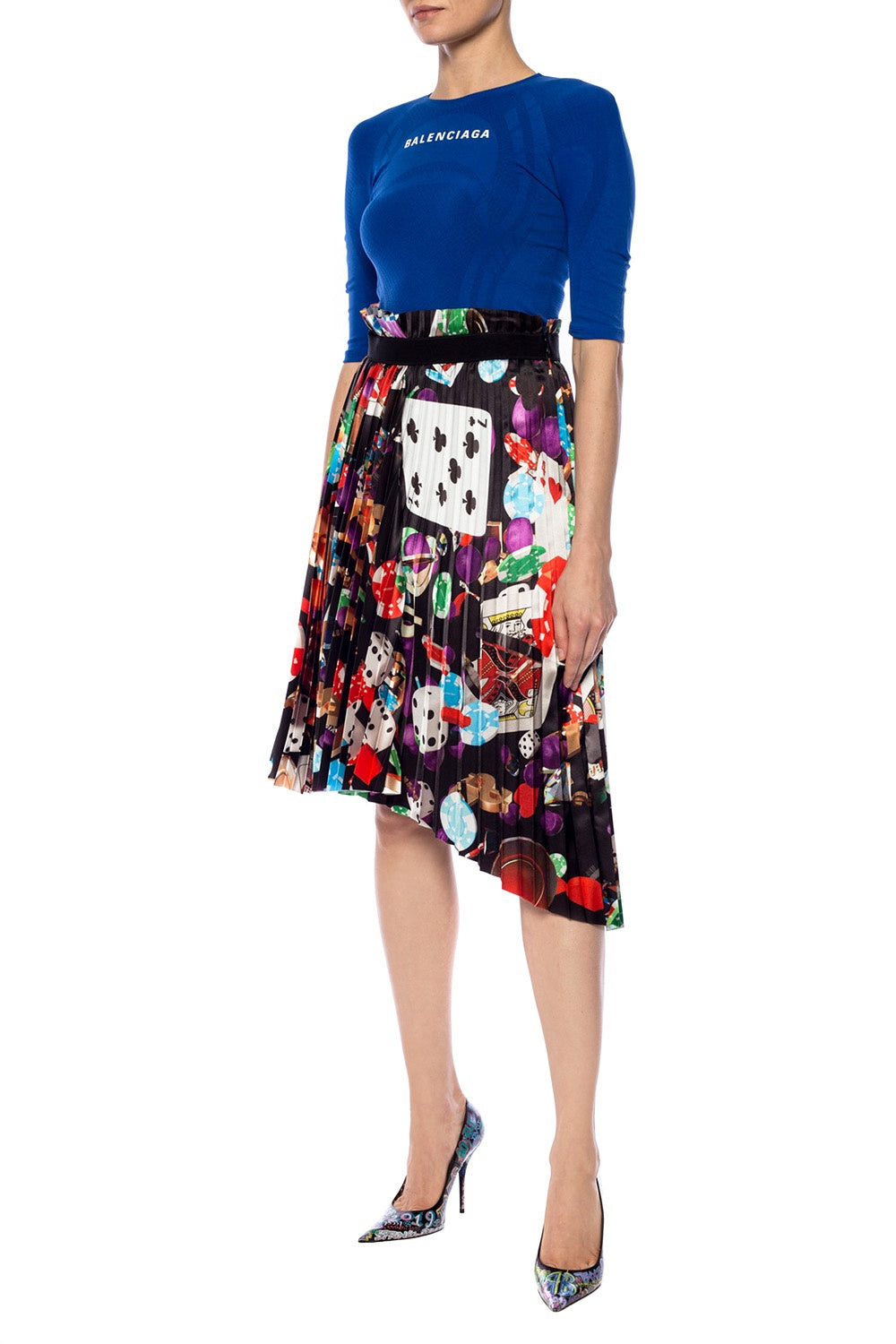 BALENCIAGA ASYMMETRICAL MULTI COLOR PLEATED SKIRT WITH LOGO