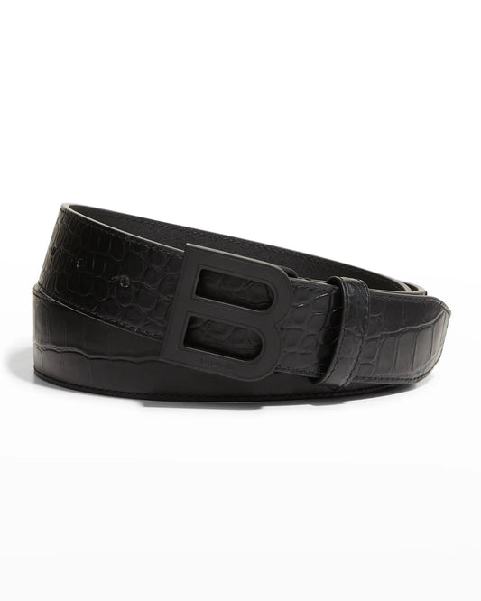 BALENCIAGA CROC EMBOSSED HOURGLASS B-LOGO LEATHER BELT
