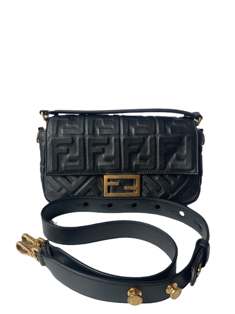 Fendi Baguette Black Leather 3D FF Motif Crossbody bag Medium