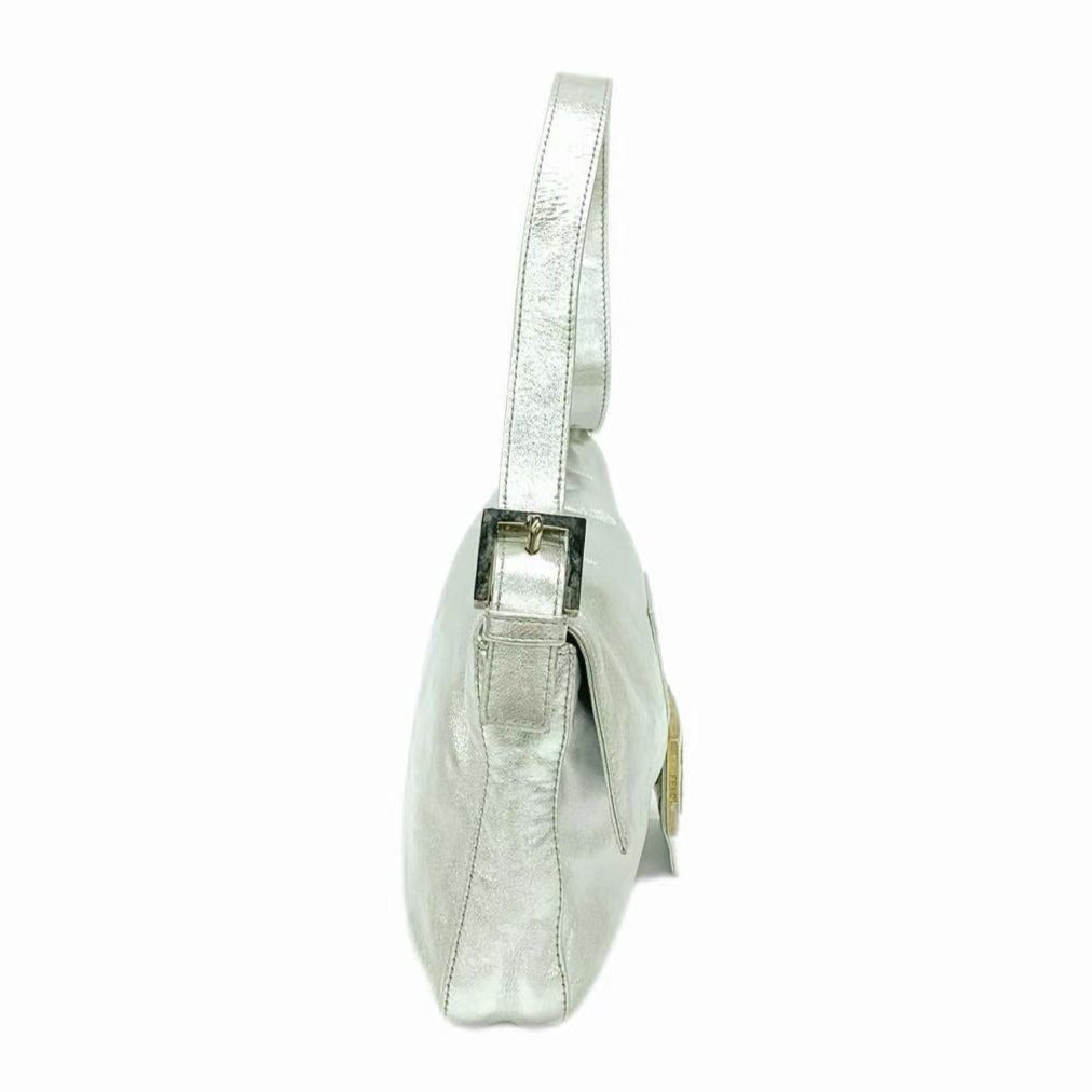 FENDI Baguette Silver Lambskin Leather Crystal Buckle Shoulder Bag