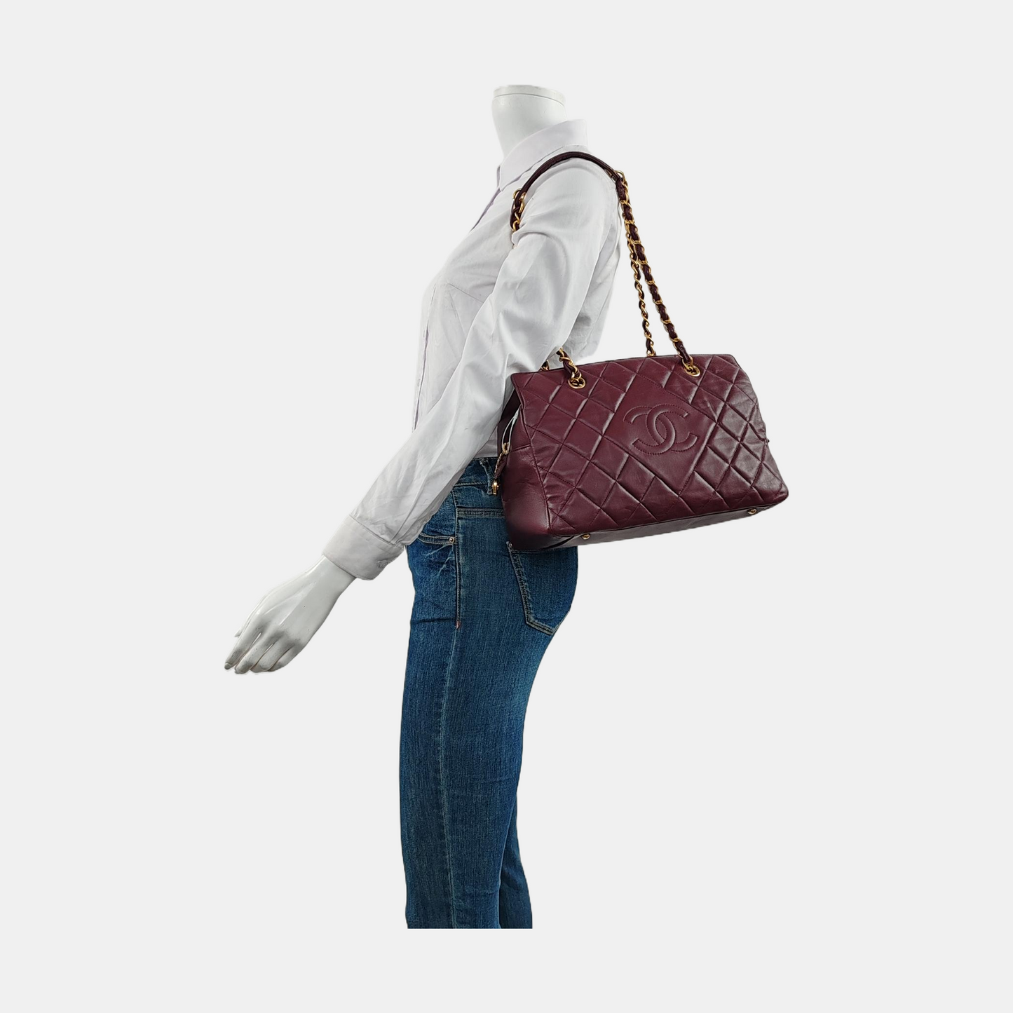 Chanel Petite Shopping Tote PTT Burgundy Lambskin Leather Gold-Tone Chain Shopping Bag