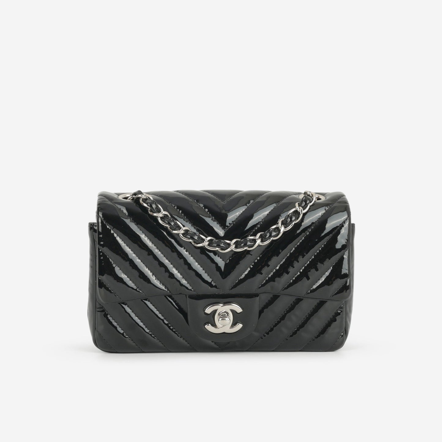 Chanel Mini Flap Rectangular - Black Chevron Patent Calfskin | Silver Hardware