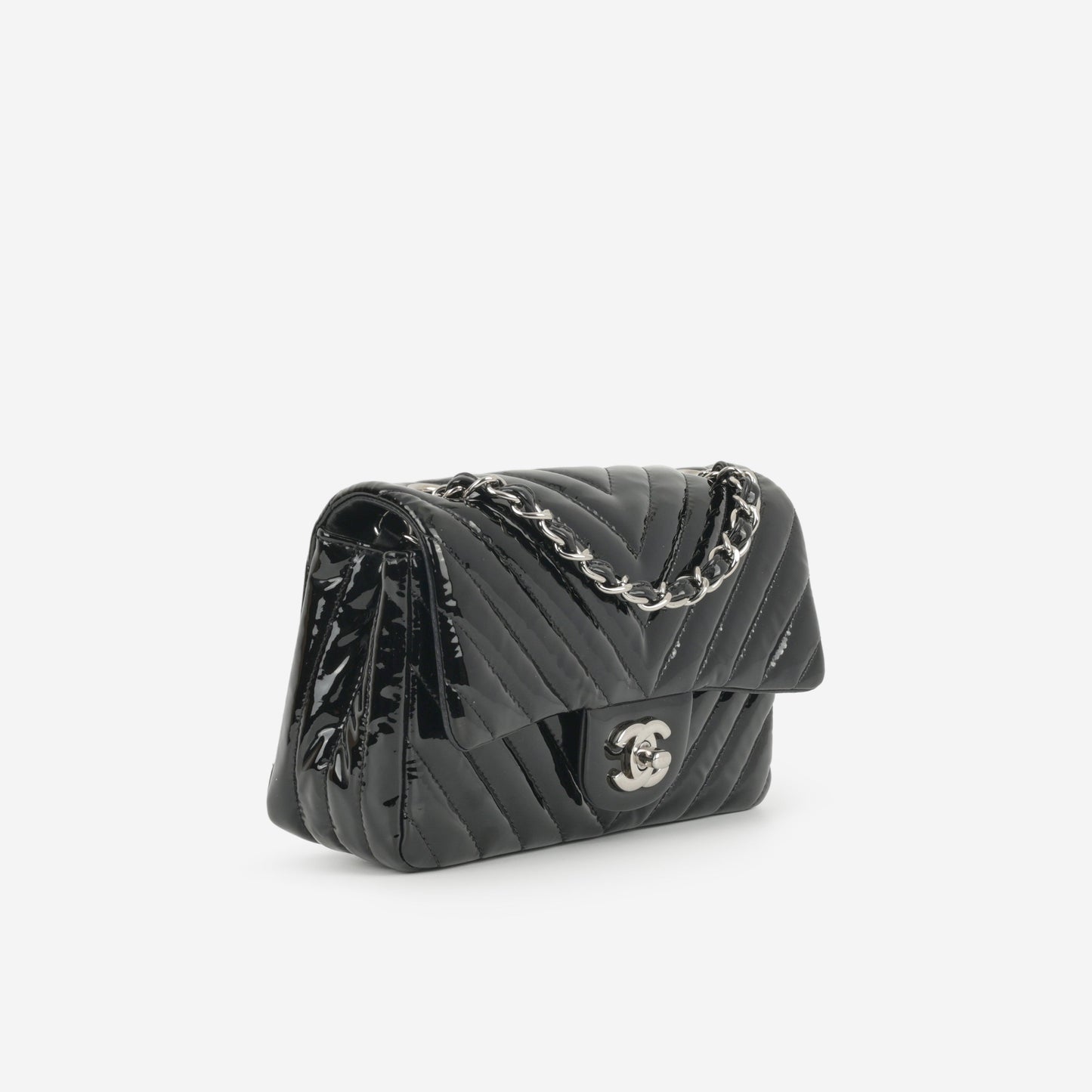 Chanel Mini Flap Rectangular - Black Chevron Patent Calfskin | Silver Hardware