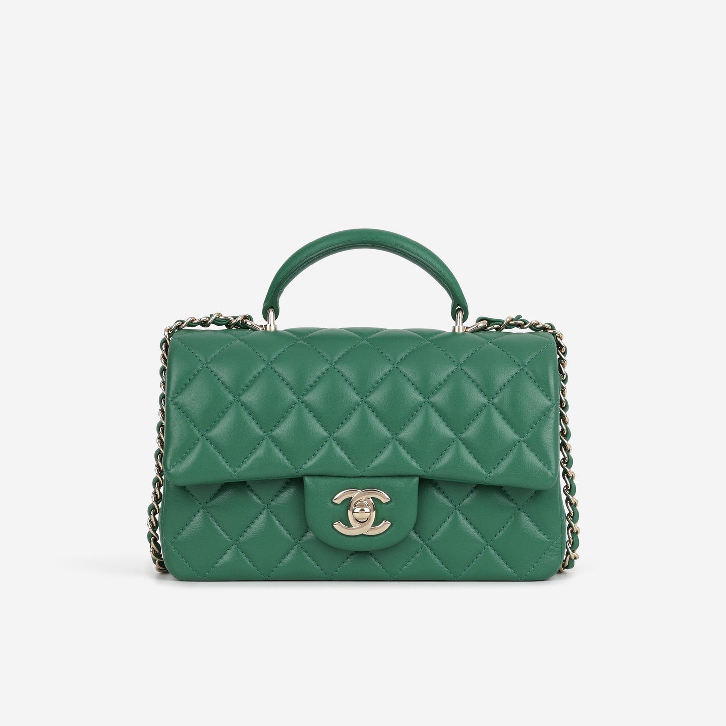 Chanel Mini Top Handle Flap - Green Lambskin | Champagne Gold Hardware